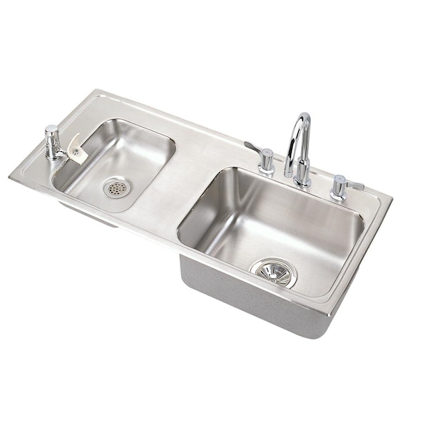 Lustertone Stainless Steel 37-1/4X17X7-5/8 Double Bowl Top Mount Classroom Sink + Faucet/Bubbler Kit